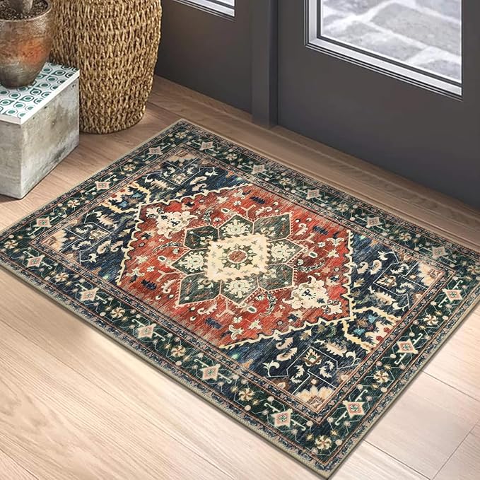 Yamaziot Washable Area Rug, 2x3 Small Entryway Rug Non-Slip Boho Vintage Rug