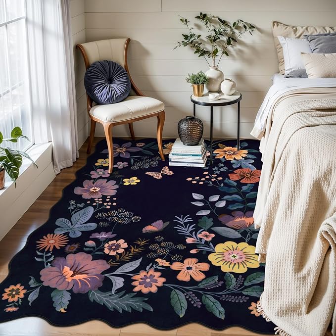 Lahome Floral Washable Rugs for Bedroom, 4X6 Area Rug Ultra-Thin Soft Living