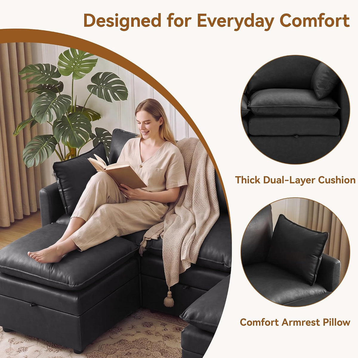 27" Black Faux Leather Storage Ottoman, Large Square Footrest for Couch