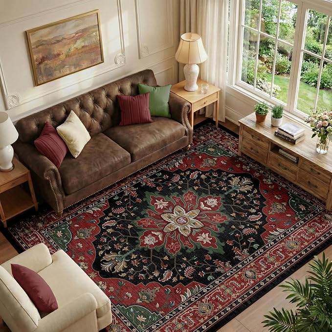 RELEANY Area Rugs 6'x9' Washable Non-Slip, Floral Vintage Distress Medallion