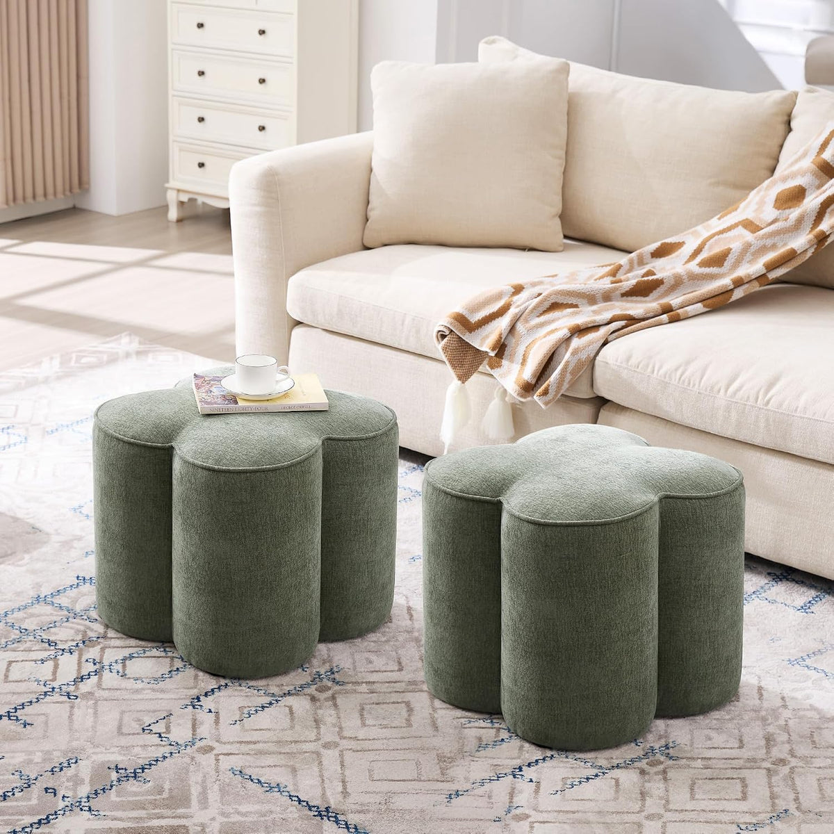 Zesthouse Flower Pouf Ottoman Foot Rest, Linen Fabric Poofy Ottoman Stool