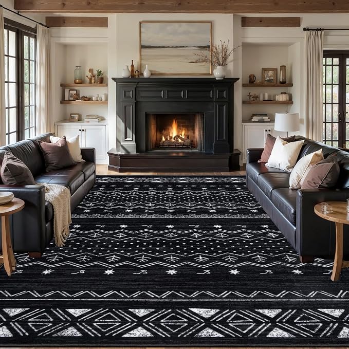 SERISSA 10x12 Area Rugs for Living Room, Washable Non-Slip Black and White Boho