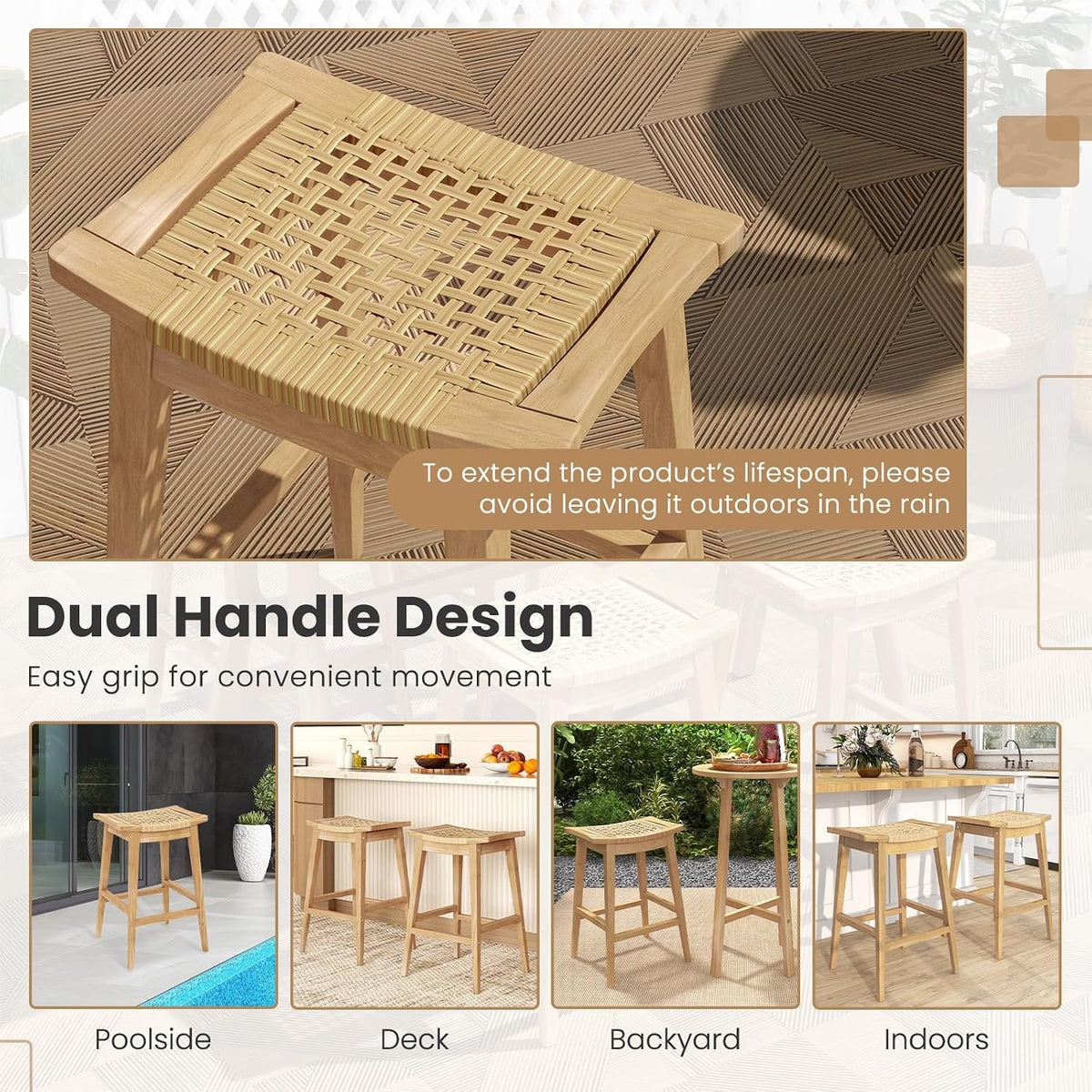 Tangkula Wood Bar Stool Set of 4, 29” Patio Rattan Acacia Barstool with Footrest & Saddle Seat, Boho Bar Height Stool for Indoors Outdoors, Bar Chair for Deck, Garden & Poolside, Natural (4)