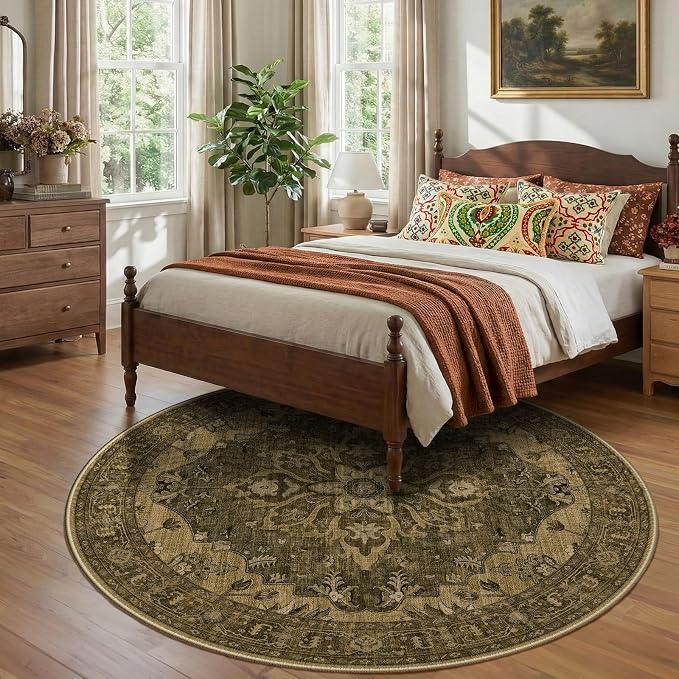 RELEANY Area Rugs Round 8ft Washable Non-Slip, Floral Vintage Distress