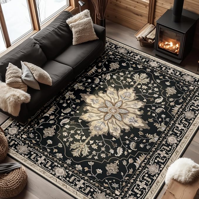 RELEANY Area Rugs 7'x9' Washable Non-Slip, Floral Vintage Distress Medallion