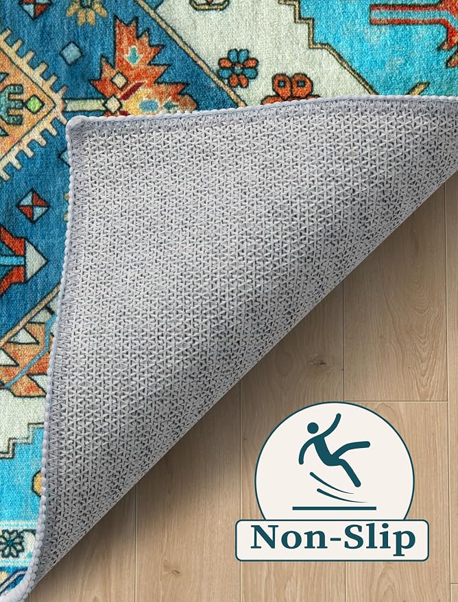 SERISSA Runner Rug for Hallways, Extra Long Boho Rug Ultra Soft Vintage Blue