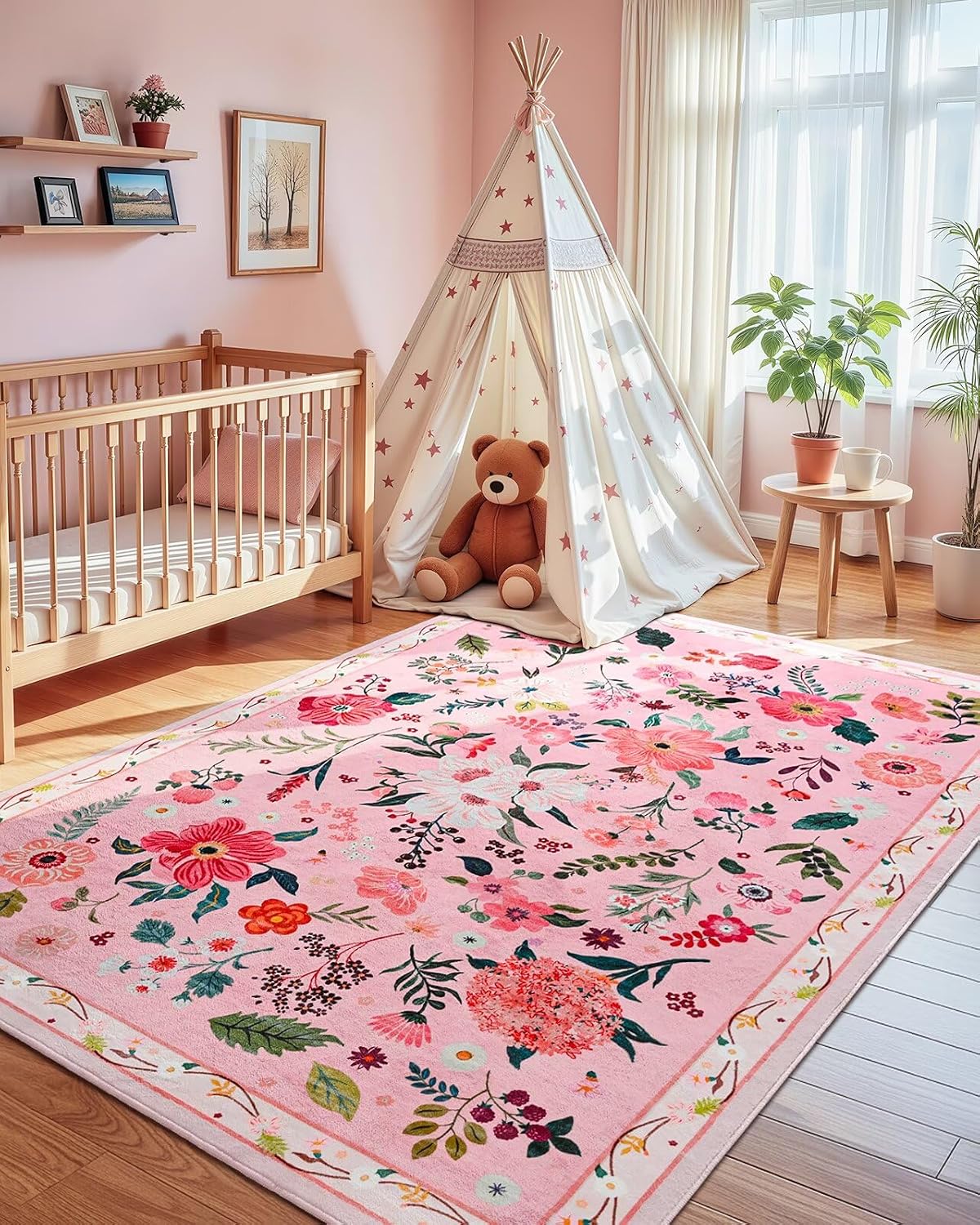 Macgace Floral Area Rug for Living Room, Machine Washable 5x7 Pink Rugs