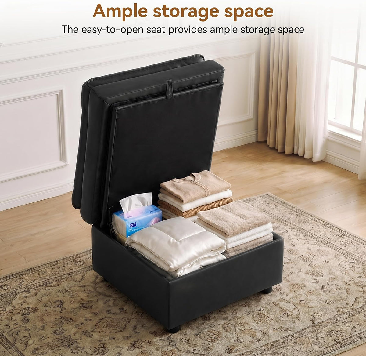 27" Black Faux Leather Storage Ottoman, Large Square Footrest for Couch