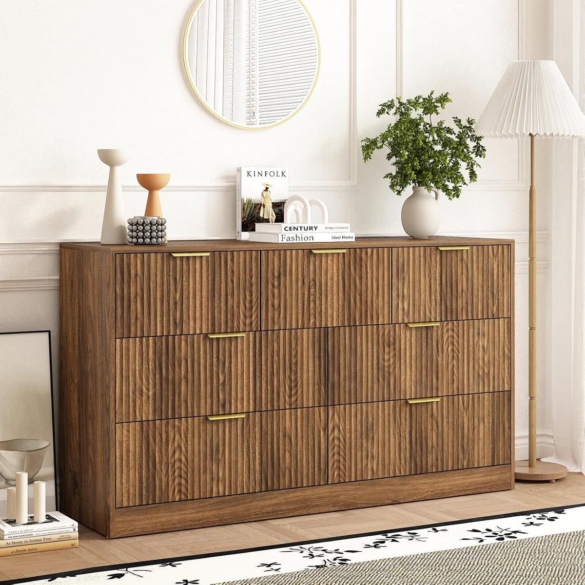 7 Drawer Fluted Dresser with Deep Drawers for Bedroom, Walnut丨55 Wide Mid Century Dresser, Modern Chest of Drawers, Wood TV Stand Storage Organizer for Closet, Living Room, Hallway