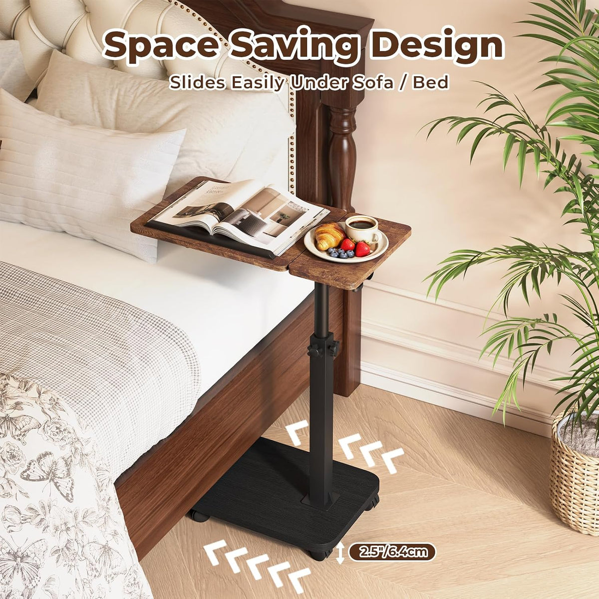 BROTTAR Rolling TV Tray Table with Wheels, Adjustable C Table, Rustic Brown