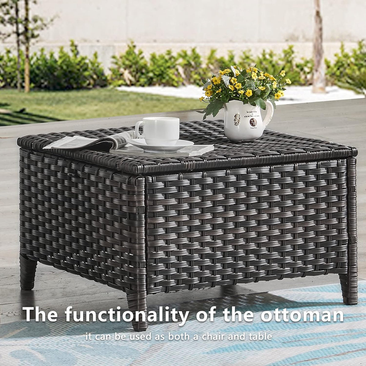 Rilyson Luxury Outdoor Wicker Patio Ottomans Set of 2, 250 lbs Capacity Rattan Large Ottomans for Patio Footrest Set 22.8in*22.8in*14in with 3.5in Thick Cushion (Brown/Blue)