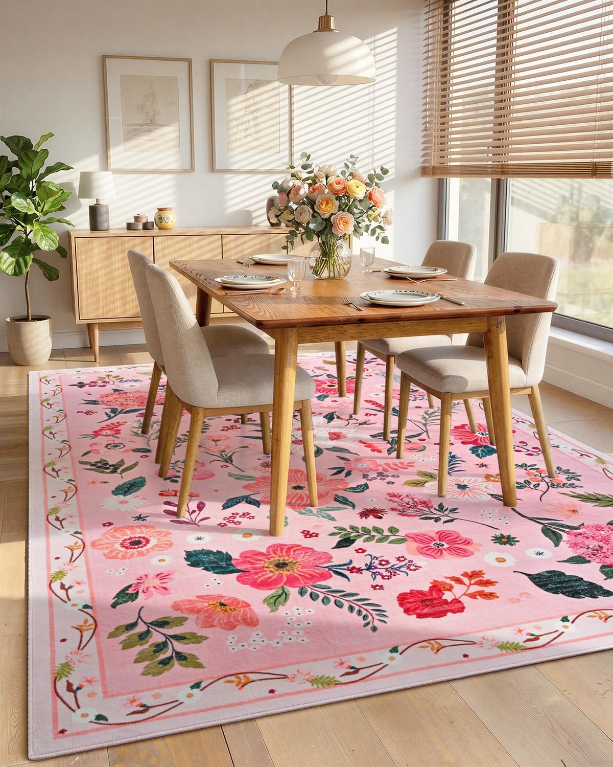 Macgace Floral Area Rug for Living Room, Machine Washable 5x7 Pink Rugs
