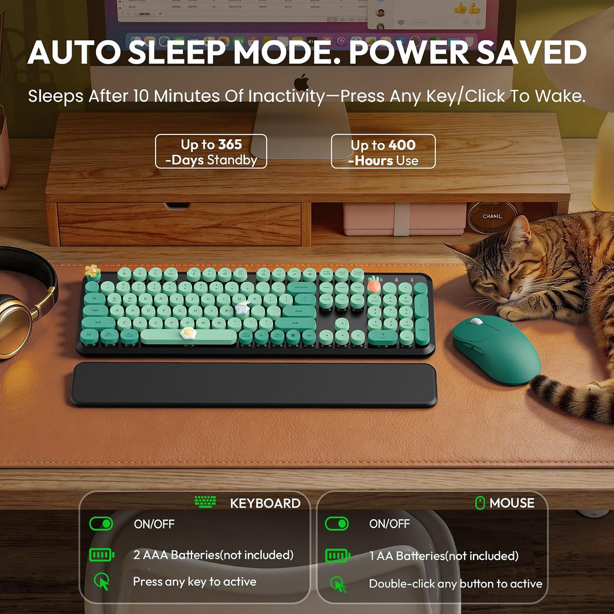 Wireless Keyboard and Mouse Combo, Cute Typewriter, Magnetic Wrist Rest