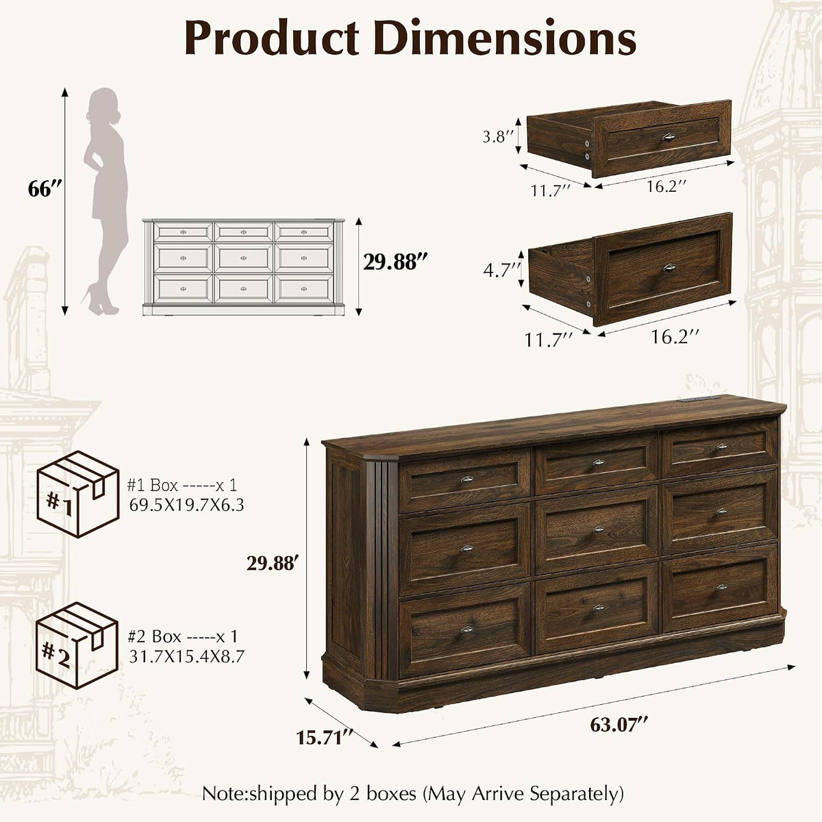 Farmhouse 9 Drawers Walnut Dresser for Bedroom, 63.07" Wide Chest of Drawers w/Charging Station & Vintage Beveled Design, Wood Long Dresser TV Stand,Closet Clothes Storage Organizer for Living Room