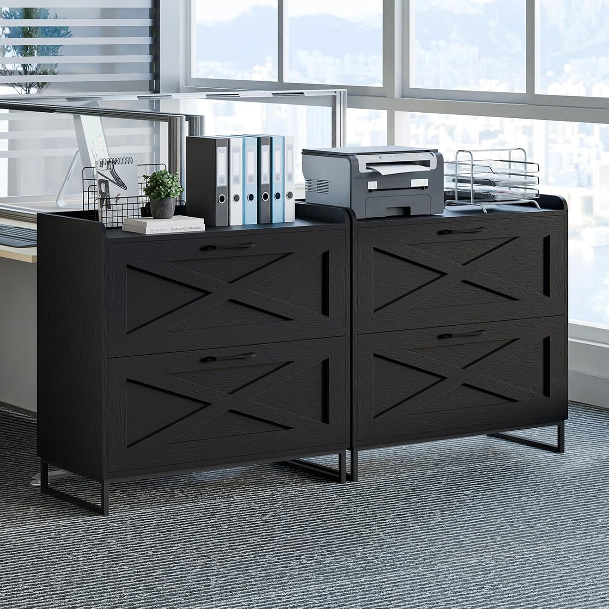 Vabches 2 Drawer Lateral File Cabinet with Charging Station, Black