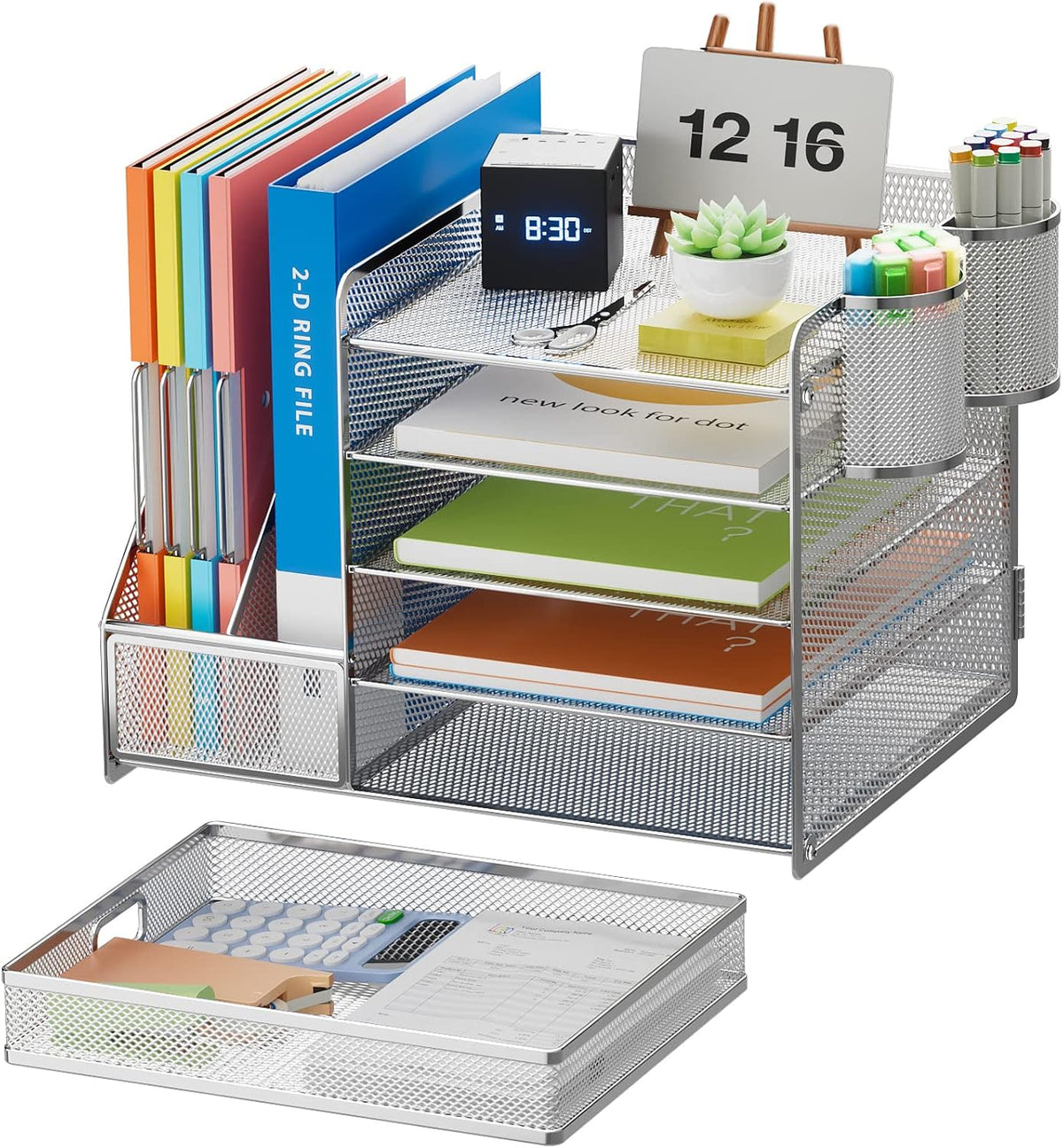 Marbrasse Desk Organizer with File Holder, 5-Tier Paper Letter Tray Organizer with Drawer and 2 Pen Holder, Mesh Desktop Organizer and Storage with Magazine Holder for Office Supplies (Silver)