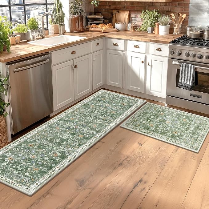 Yamaziot Washable Kitchen Rug Set of 2 – Non Slip Boho Floral Hallway Runner Rug