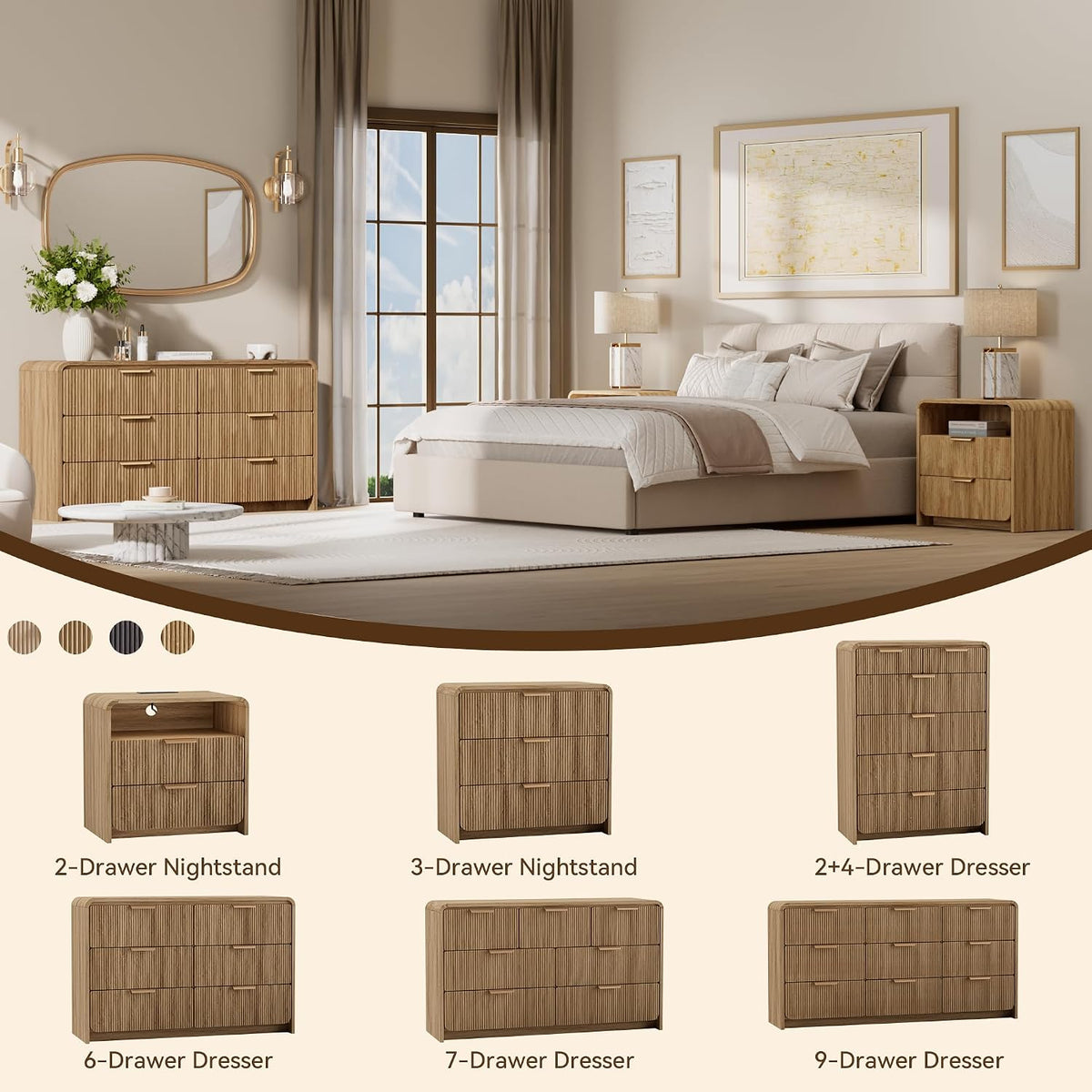 47" Fluted 6 Drawer Dresser for Bedroom, Living Room, Entryway Light Walnut