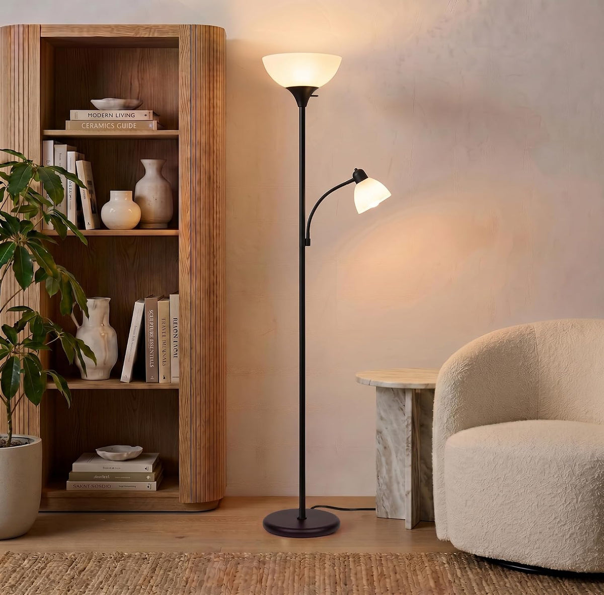 Brightech Sky Dome Plus LED Floor lamp, Torchiere Super Bright Floor Lamp with Reading Lamp for Living Rooms & Offices - Dimmable Tall Standing Lamp for Bedroom Reading - Black