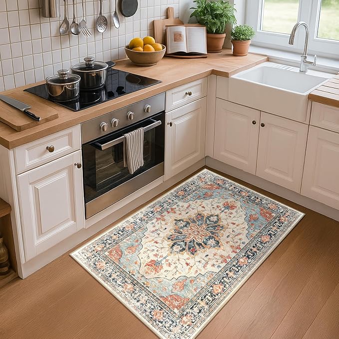 RELEANY Area Rugs 3'x5' Washable Non-Slip, Floral Vintage Distress Medallion