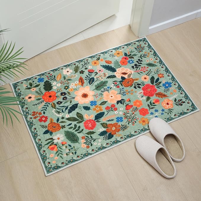 Rugcomf Door Mat Indoor Entrance 2x3 Rug Machine Washable Boho Floral Small