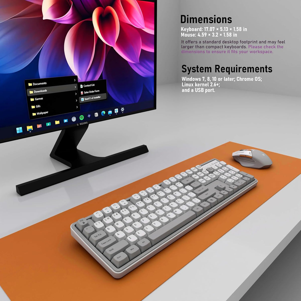 Rechargeable Wireless Keyboard and Mouse Combo, Full-Size - White-Gray
