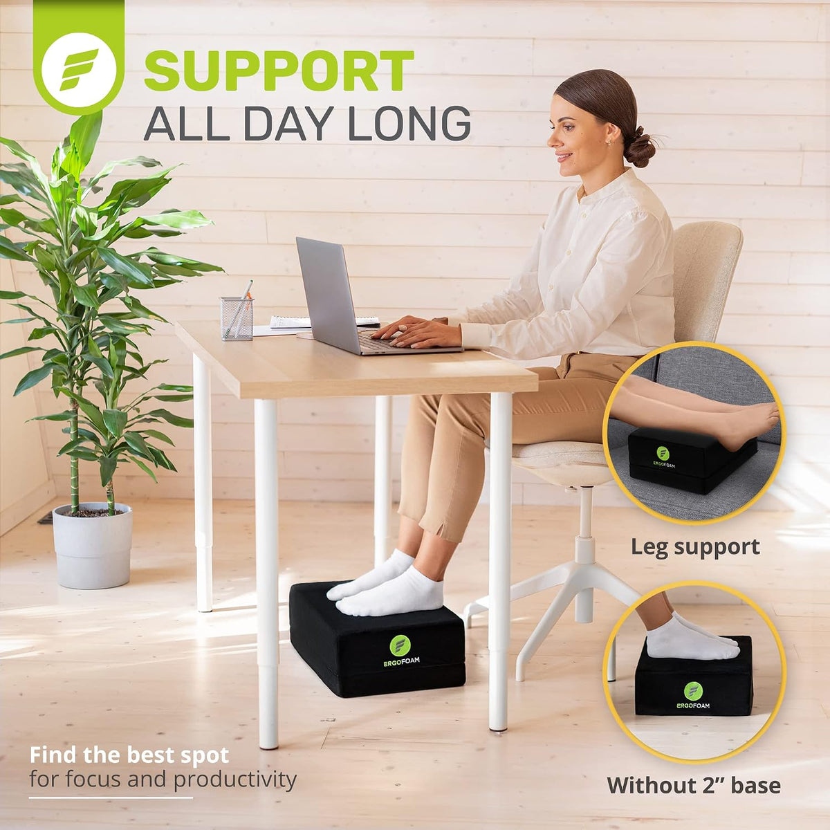 ErgoFoam Flat-Top Adjustable Foot Rest - High-Density Compression-Resistant Foam, Non-Slip, Black, Modern, Office