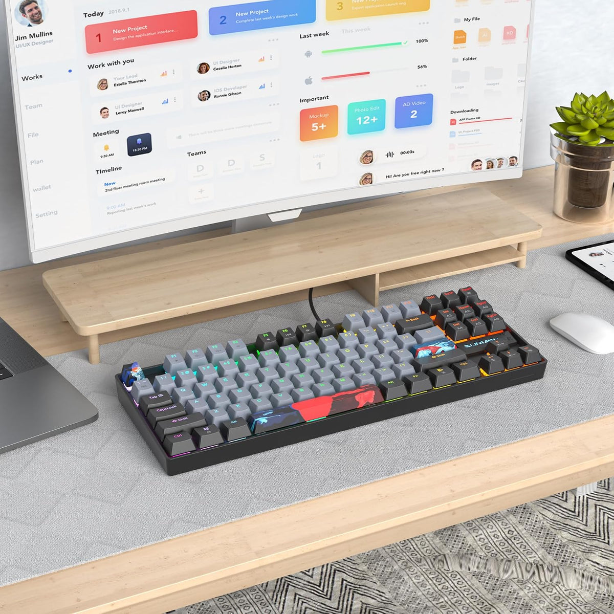 75% Mechanical Gaming Keyboard with Red Switch, RGB LED Backlit Keyboard Grey, 87 Keys Compact TKL Wired Computer Keyboard for Windows Laptop PC Gamer (87 Dolch)