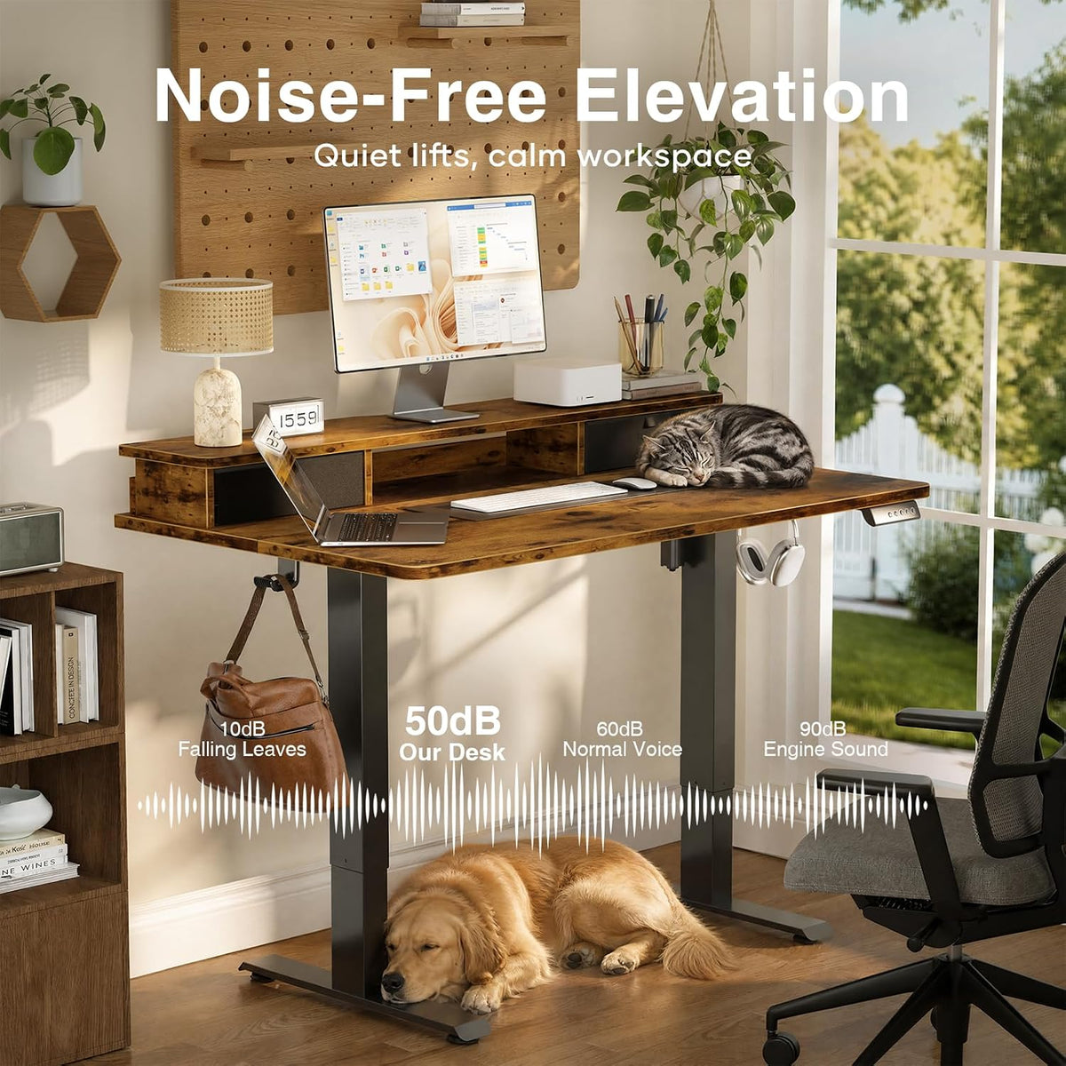 Veken 47x28 in Electric Standing Desk with Drawers, Adjustable Table, Brown