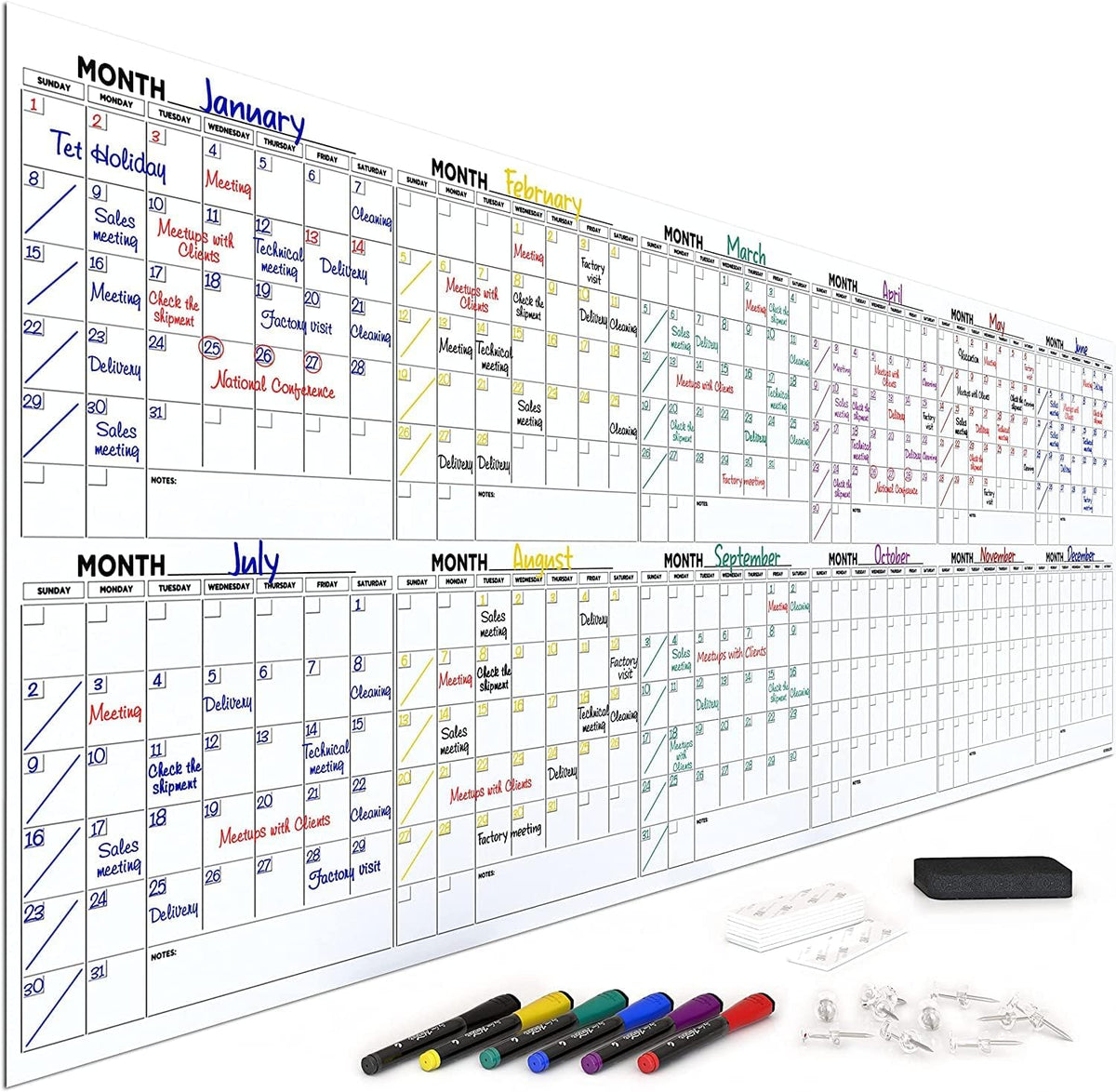Extra Large 100"x36" Dry Erase Monthly Planner – 12-Month Whiteboard Calendar Includes 6 white Board Markers Eraser Push Pins & Mounting Tape