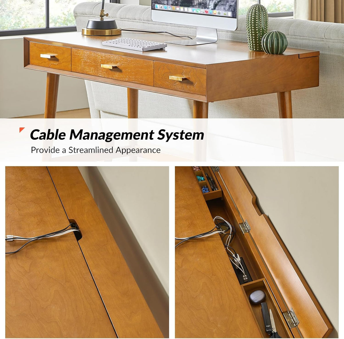 HULALA HOME 47" Writing Desk with 3 Drawers, Wood Office Desk with USB Charging Staion, Vintage Office Desk with Cable Management(Acorn)