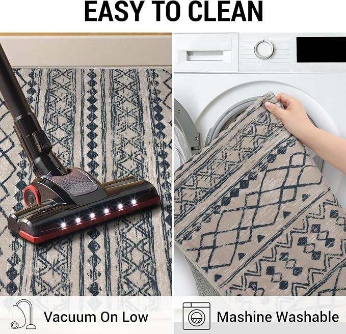 KUTA Boho Kitchen Rug 2x5 Light Brown Black Moroccan Washable Runner Rug