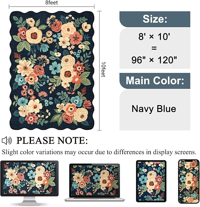 DUKINO 8x10 Area Rug, Floral Washable Rugs