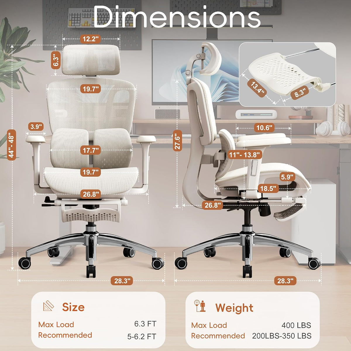 Vonesse Ergonomic Office Chair with Footrest, Desk Chairs with Dynamic Lumbar Support & Adjustable Depth Breathable Mesh Seat, Computer Gaming Chair with Adjustable 3D Headrest and Armrests (White)
