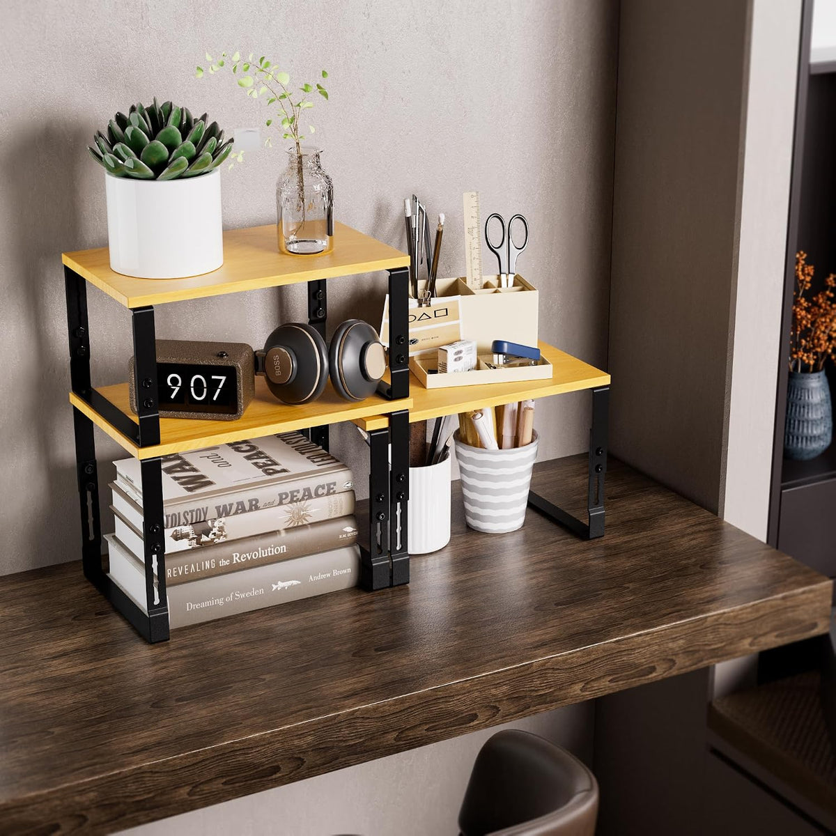 Adjustable Storage Shelves for Kitchen Cabinet Organization - Set of 2 Stackable Metal & Solid Wood Racks, Space-Saving Design for Countertop/Pantry/Garage, Easy Assembly(2 Packs/Medium/Black)