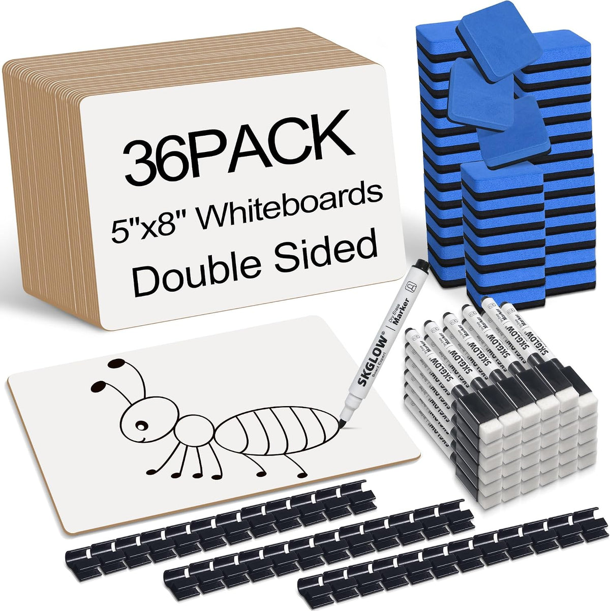 36 Pack 5"x8" Portable Mini White Board for Students,Personal Small Whiteboard,Lightweight Double Sided Dry Erase Board for Students Classroom,Individual Lapboards for Teaching with Erasers and Marker