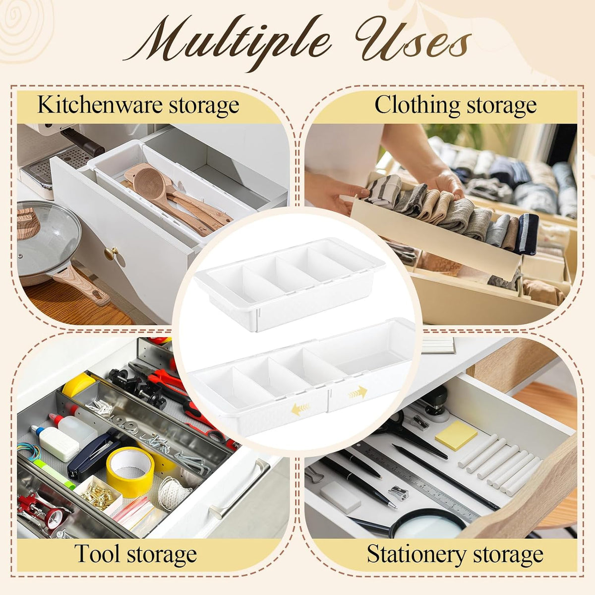 Expandable Deep Drawer Organizer Bins for Desk, White, 3 Pcs