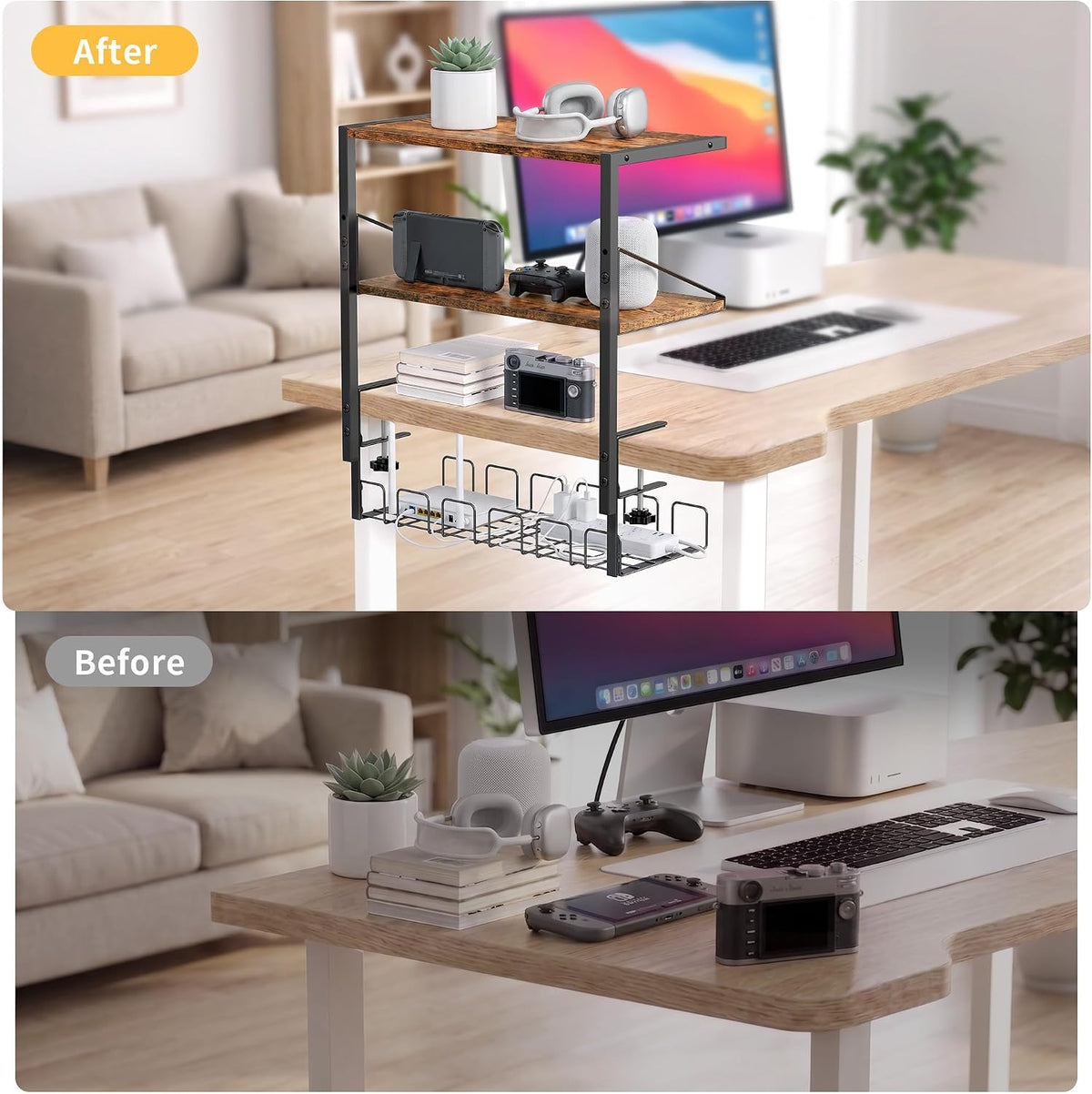 Clamp on Desk Shelf, 19in 3-Tier Desk Shelves Organizer with Under-Desk Hidden Storage Basket, Desktop Supplies Storage Rack for Home Workspace, Study Rooms,Gaming Devices