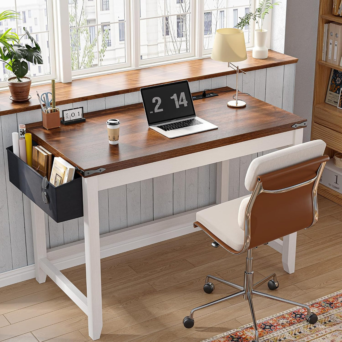 EnHomee 32"Farmhouse Writing Desk with Power Outlet,Storage Bag for Bedroom