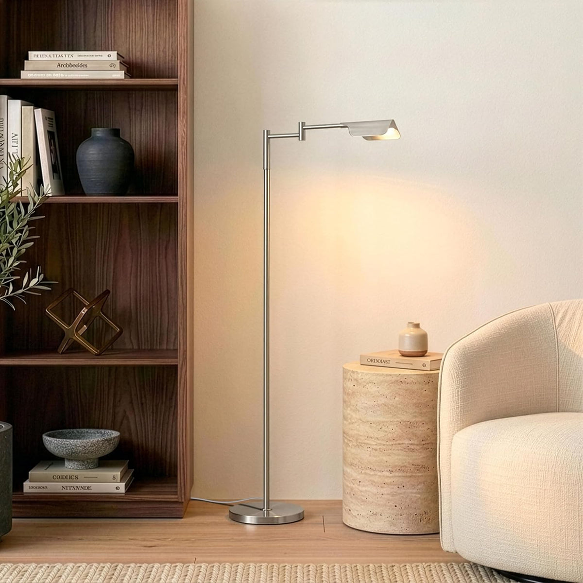 Brightech Leaf Pharmacy LED Reading Lamp, Dimmable Floor Lamp with Easy Adjustable Rotation Over Chair or Desk for Living Room, Work Light for Office, Modern Minimalist Home Decor - Platinum Silver