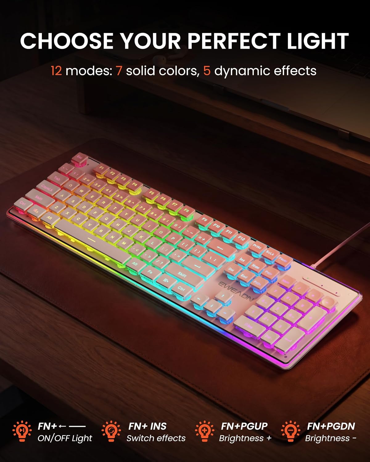 Wired Keyboard with White Backlight Pudding Keycaps, Pink-Pink Gradient