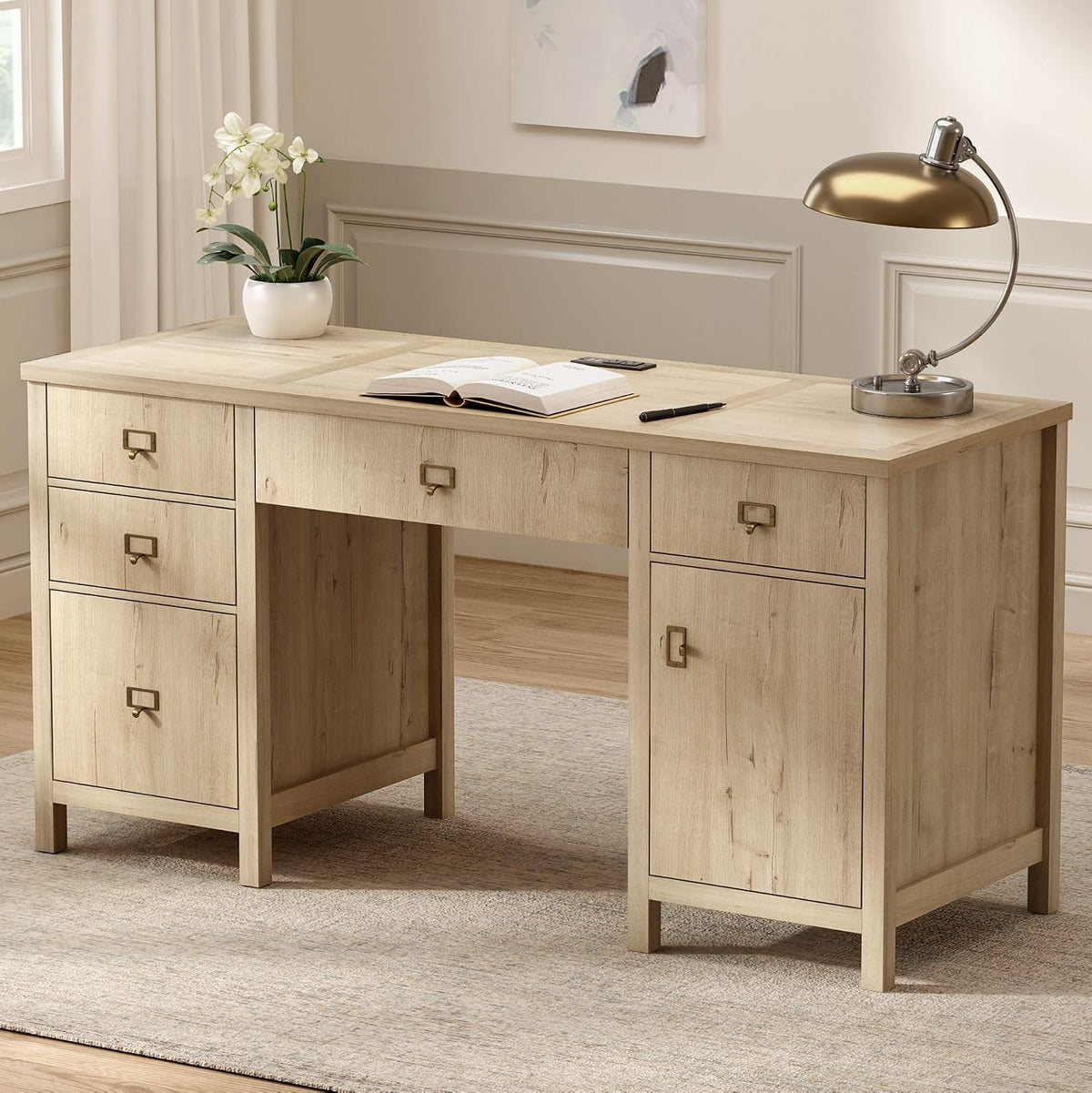 EYYTHUNG Modern Executive Desk with File Drawers Cabinet,59" Computer Desk with Charging Station, Keyboard Tray, Large Home Office Desk, Farmhouse Wood Desk for Study, Writing, Light Oak