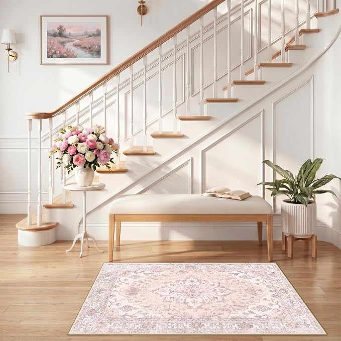 RELEANY Area Rugs Small 2'6"x4' Washable Non-Slip, Floral Vintage Distress
