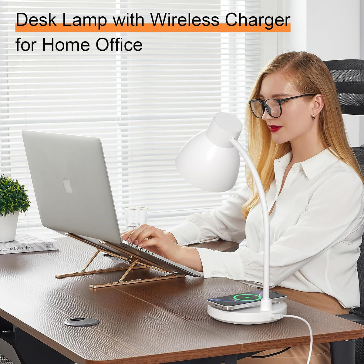 LED Desk Lamp for Home Office with Wireless Charger, White