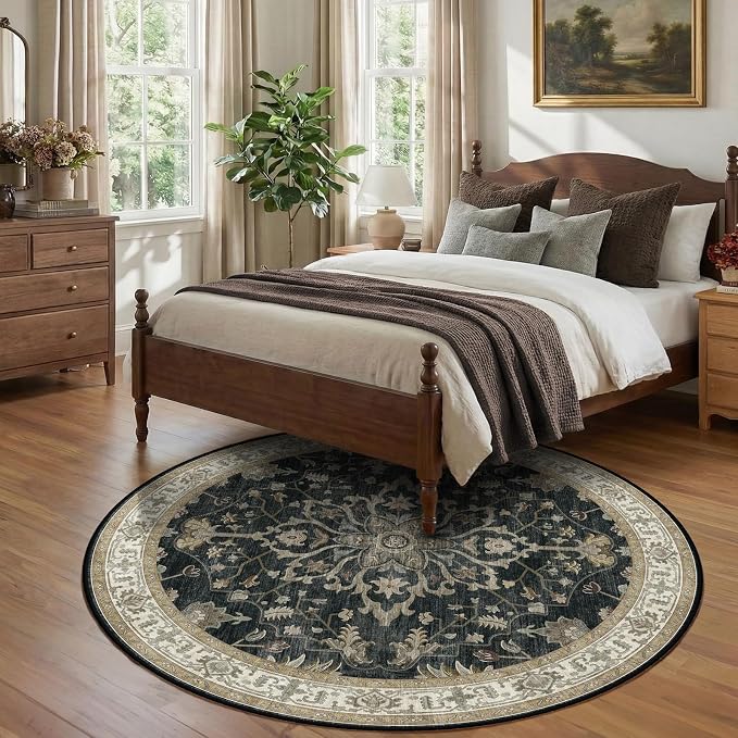 RELEANY Area Rugs Round 7ft Washable Non-Slip, Floral Vintage Distress