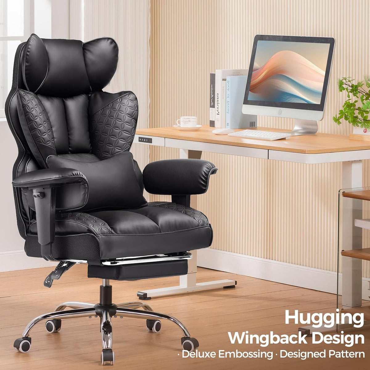 COMHOMA Big and Tall Office Chair Heavy Duty Wide Ergonomic Gaming Chair with Deluxe Embossing Leather with Foot Rest 145°Reclining Adjustable Armrests Pocket Spring Back Support and Without Pillow