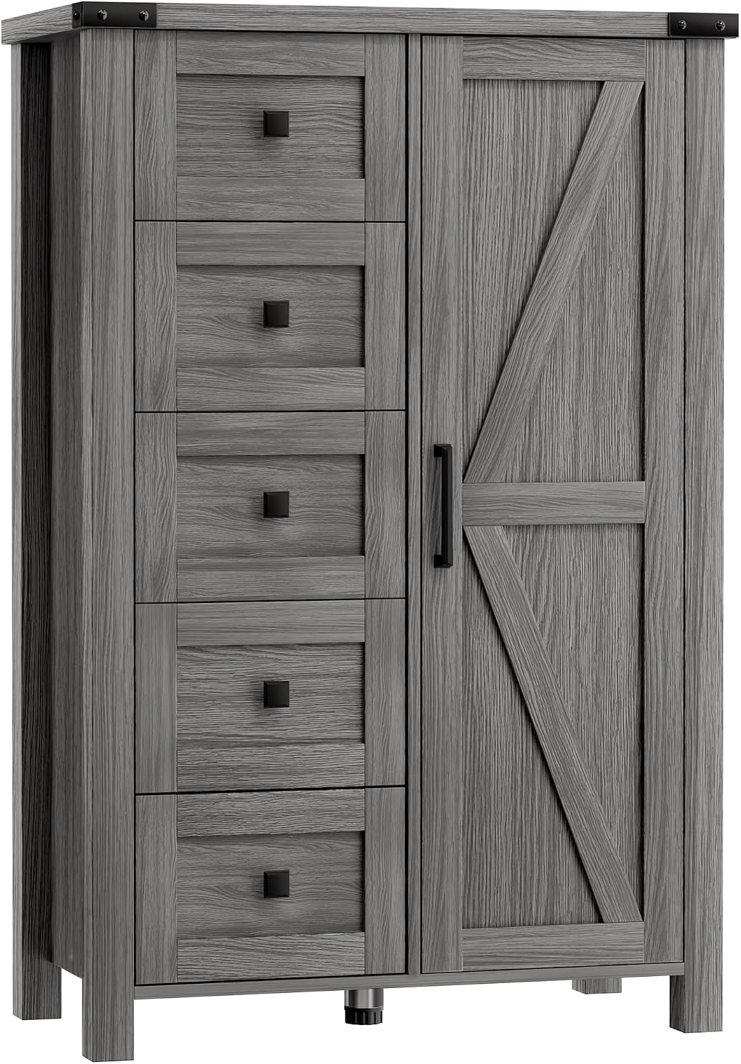 VVFLU Farmhouse Dresser Storage Cabinet Chest of Drawer for Bedroom, 5 Drawer Dresser with Barn Door, 48 Inch Tall Grey Wood Dresser, Adjustable Shelves, Rustic, for Living Room, Entryway, Hallway