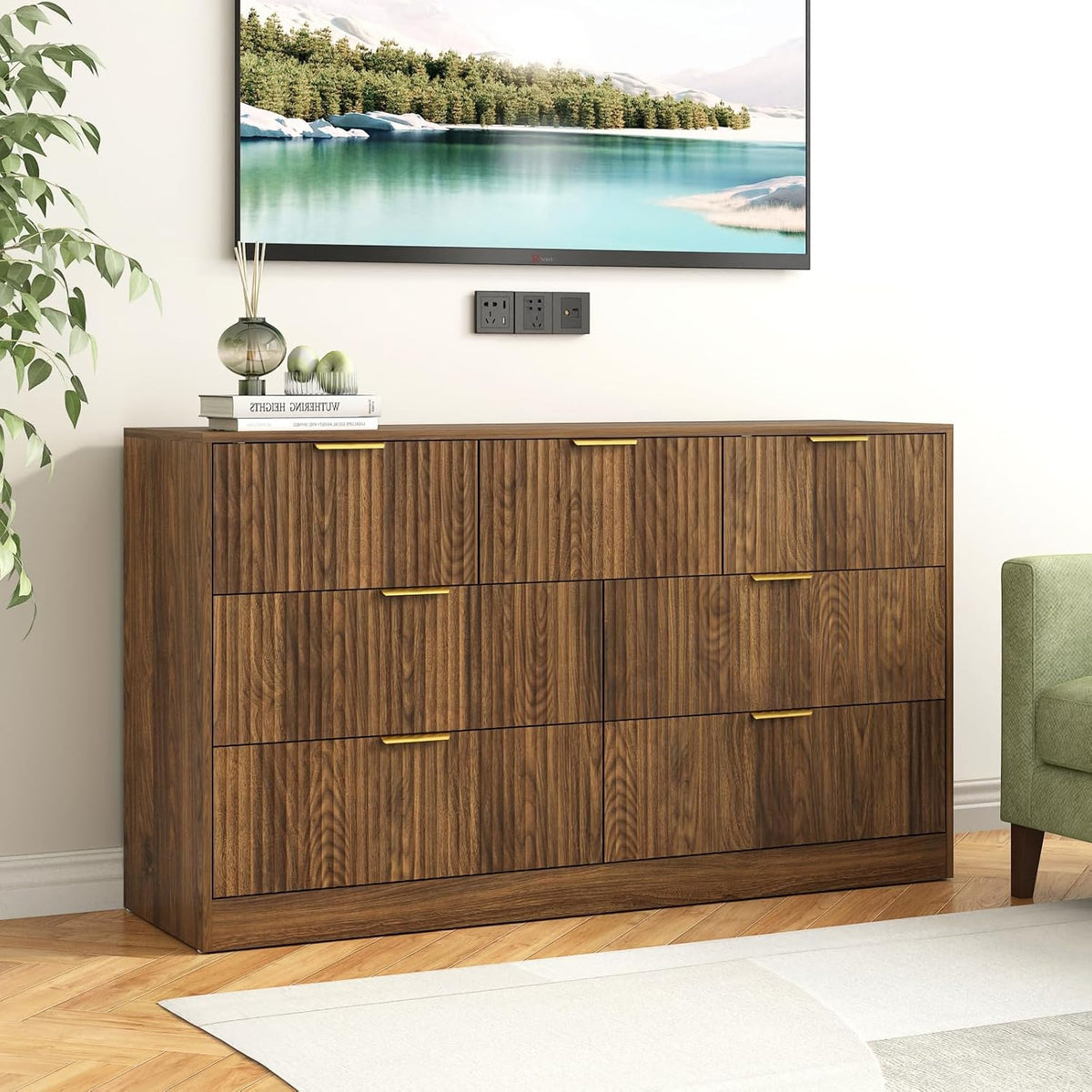7 Drawer Fluted Dresser with Deep Drawers for Bedroom, Walnut丨55 Wide Mid Century Dresser, Modern Chest of Drawers, Wood TV Stand Storage Organizer for Closet, Living Room, Hallway
