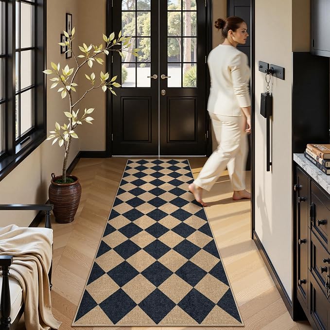 Lahome Checkered Easy Jute Non Slip Kitchen Runner, Checkerboard Indoor Outdoor