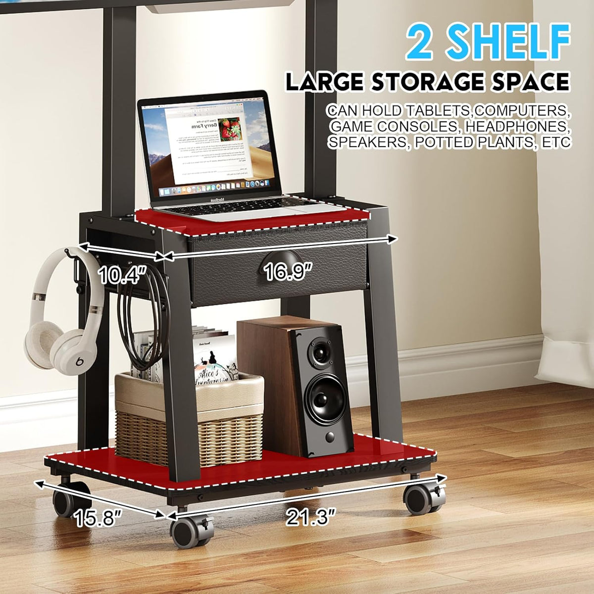 Mobile TV Stand with Drawer for 23-60 Inch TVs,Tilt Rolling TV Cart on Wheels with 2 Shelves Adjustable Height Portable TV Stand for Bedroom/Living Room Holds up to 50 lbs Max VESA 400x400mm
